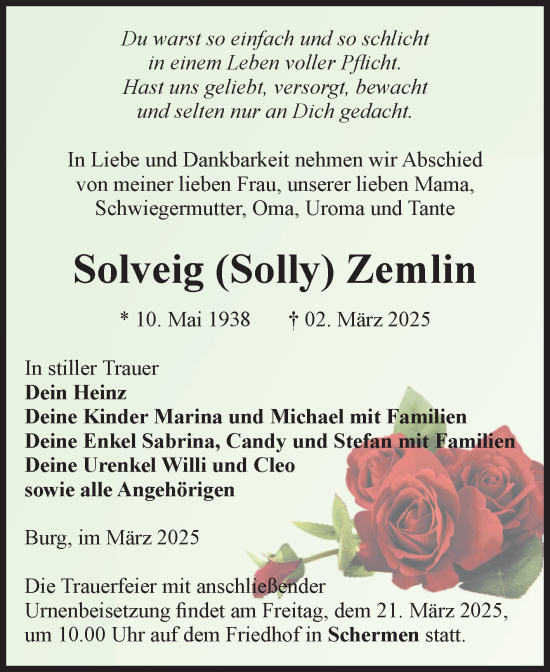 Traueranzeige von Solveig Zemlin von Volksstimme Burg/Genthin