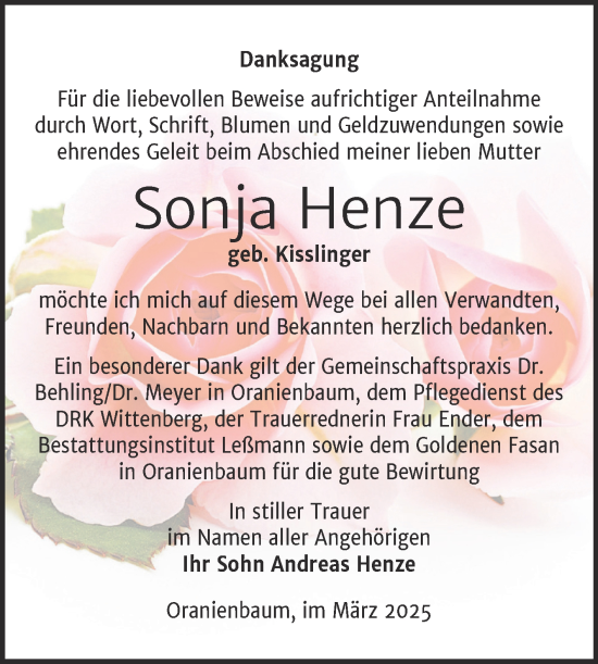 Traueranzeige von Sonja Henze von Trauerkombi Wittenberg