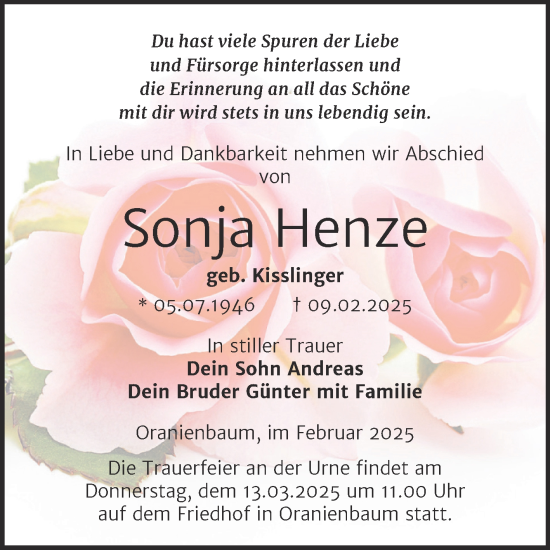 Traueranzeige von Sonja Henze von Trauerkombi Wittenberg