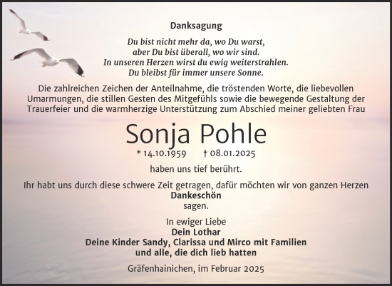 Traueranzeige von Sonja Pohle von Trauerkombi Wittenberg