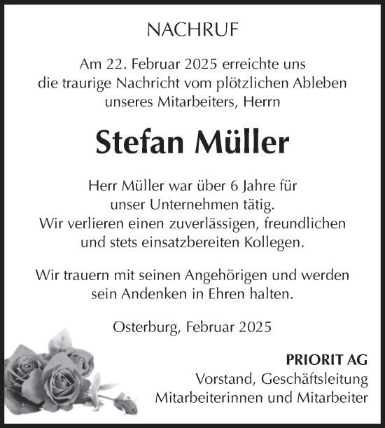 Traueranzeige von Stefan Müller von Volksstimme Altmark Ost