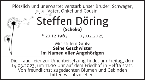 Traueranzeige von Steffen Döring von Trauerkombi Mansfelder Land