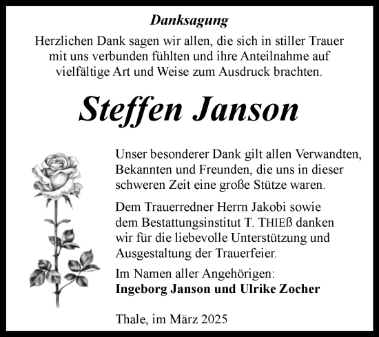Traueranzeige von Steffen Janson von Trauerkombi Quedlinburg