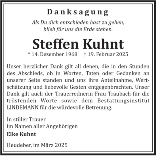 Traueranzeige von Steffen Kuhnt von Volksstimme Wernigerode