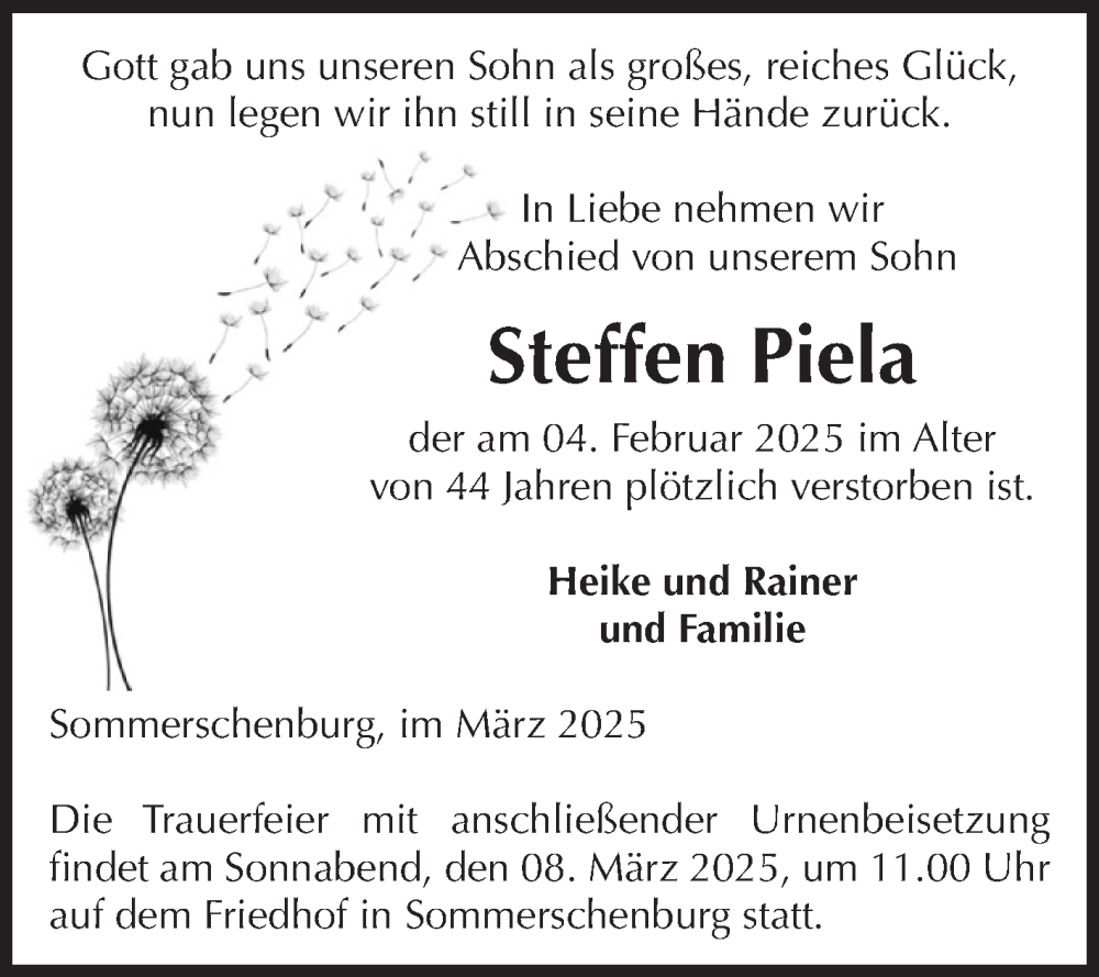  Traueranzeige für Steffen Piela vom 01.03.2025 aus Volksstimme Oschersleben/Wanzleben