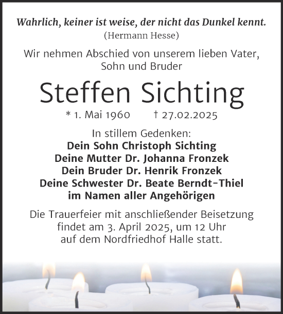 Traueranzeige von Steffen Sichting von Mitteldeutsche Zeitung Halle/Saalkreis