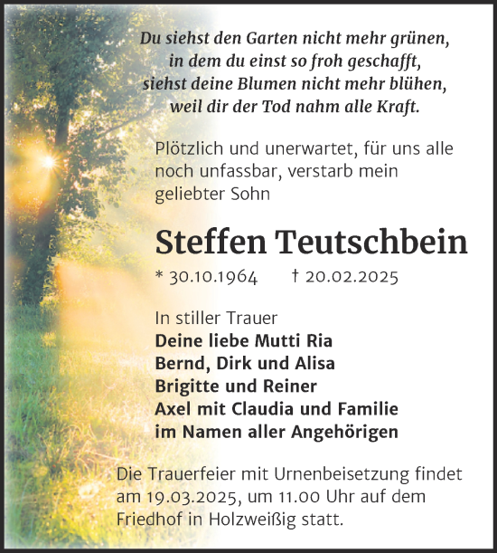 Traueranzeige von Steffen Teutschbein von Trauerkombi Bitterfeld