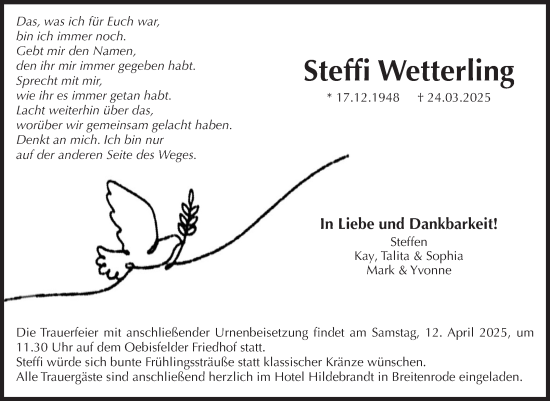 Traueranzeige von Steffi Wetterling von Volksstimme Altmark West