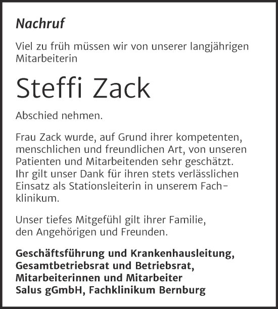 Traueranzeige von Steffi Zack von Super Sonntag Bernburg