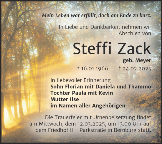 Traueranzeige von Steffi Zack von Trauerkombi Bernburg