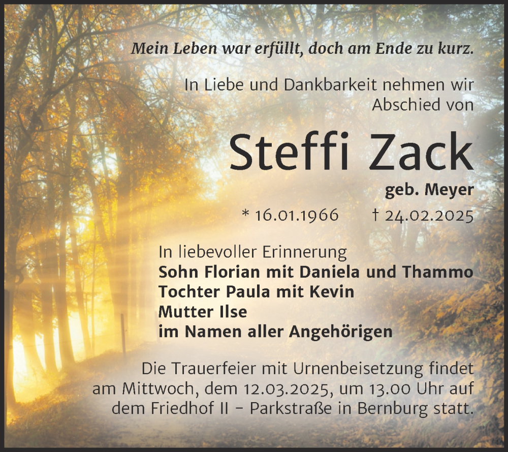  Traueranzeige für Steffi Zack vom 01.03.2025 aus Trauerkombi Bernburg