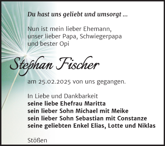 Traueranzeige von Stephan Fischer von Super Sonntag Naumburg/Nebra