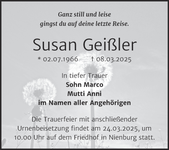 Traueranzeige von Susan Geißler von Trauerkombi Bernburg
