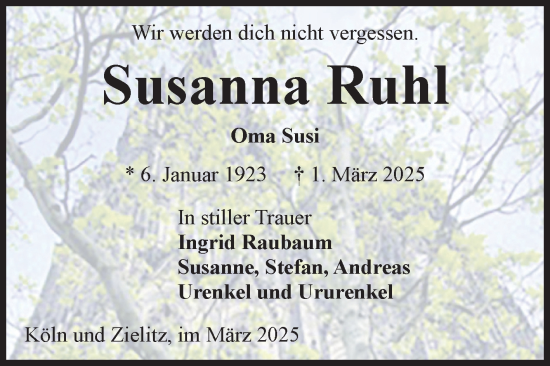 Traueranzeige von Susanna Ruhl von Volksstimme Haldensleben/Wolmirstedt