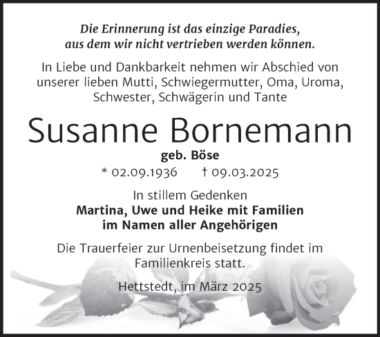 Traueranzeige von Susanne Bornemann von Trauerkombi Mansfelder Land