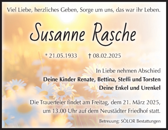 Traueranzeige von Susanne Rasche von Volksstimme Magdeburg