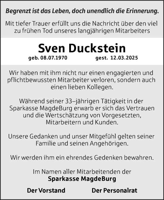 Traueranzeige von Sven Duckstein von Volksstimme Magdeburg