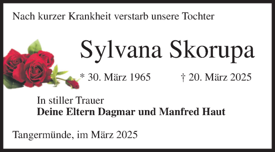 Traueranzeige von Sylvana Skorupa von Volksstimme Altmark Ost