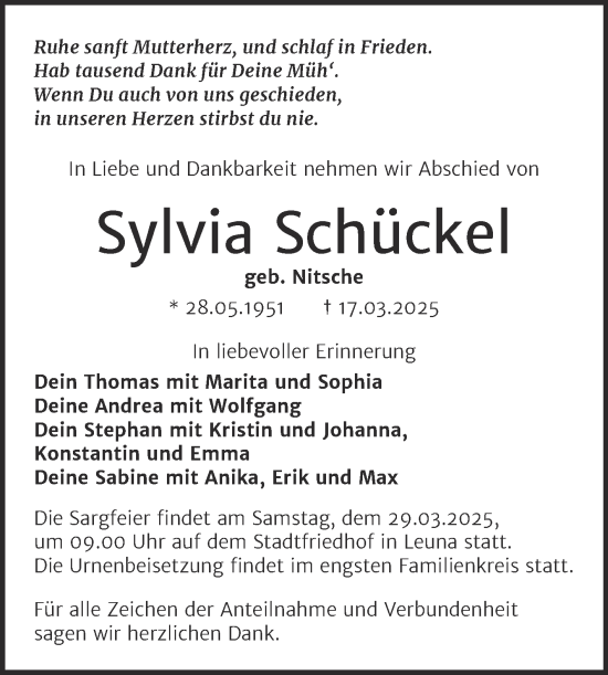 Traueranzeige von Sylvia Schückel von Mitteldeutsche Zeitung Merseburg/Querfurt