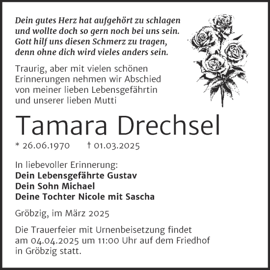 Traueranzeige von Tamara Drechsel von Trauerkombi Köthen