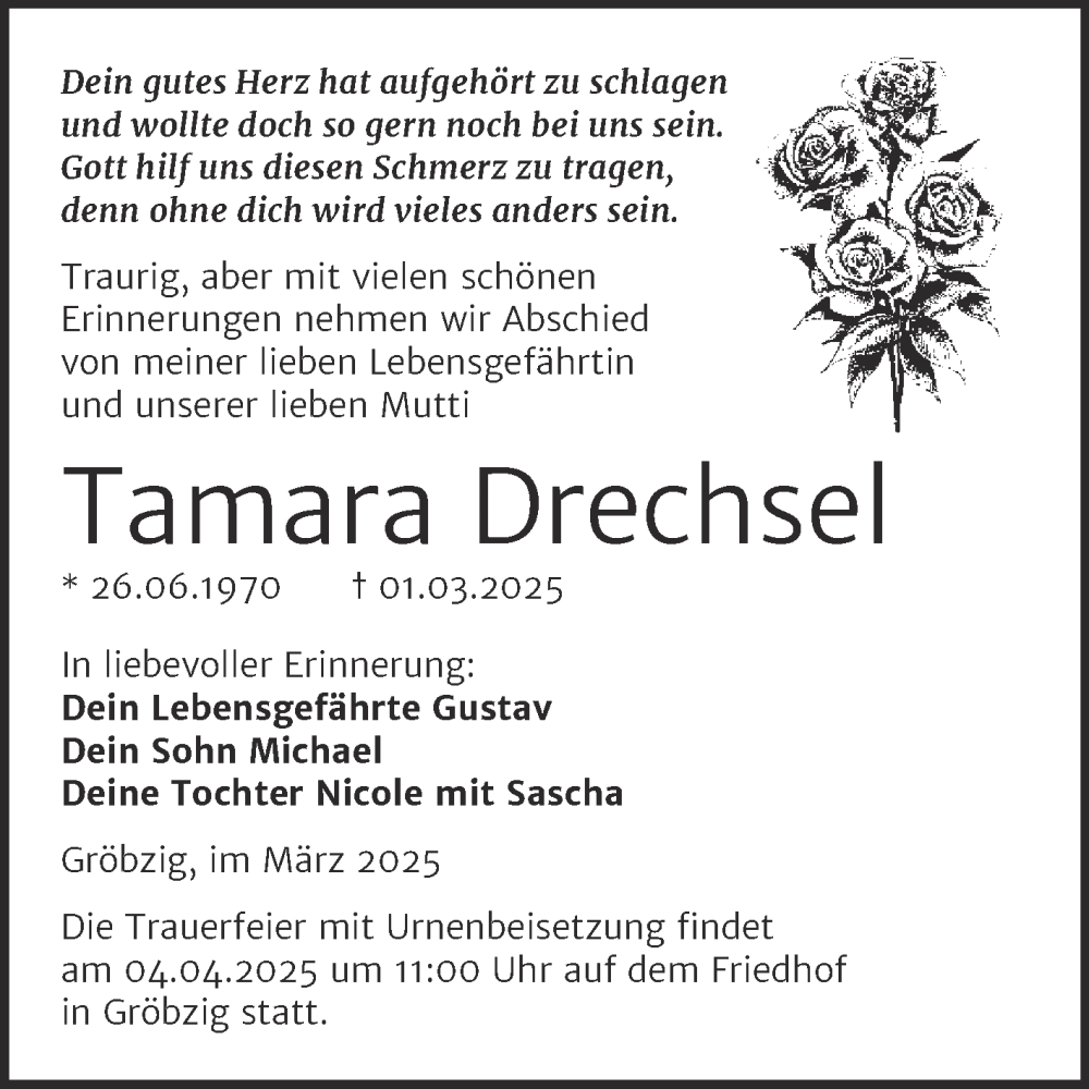  Traueranzeige für Tamara Drechsel vom 15.03.2025 aus Trauerkombi Köthen