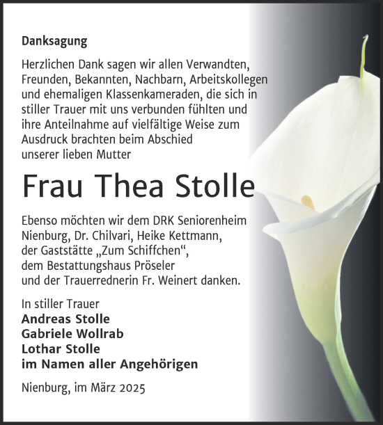 Traueranzeige von Thea Stolle von Trauerkombi Bernburg