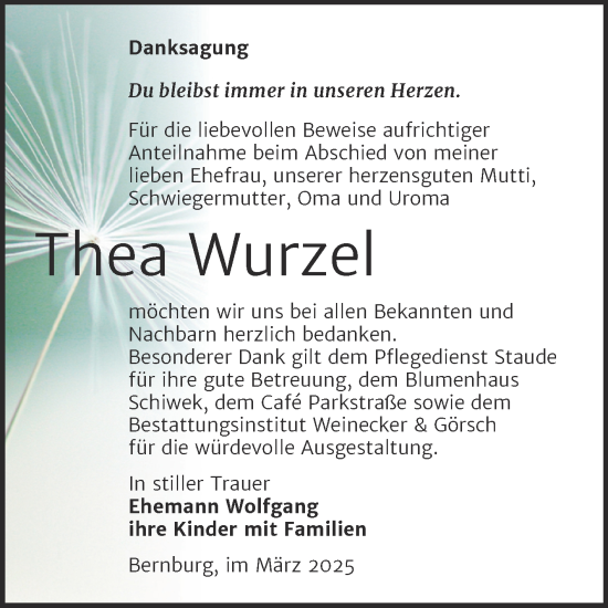 Traueranzeige von Thea Wurzel von Trauerkombi Bernburg