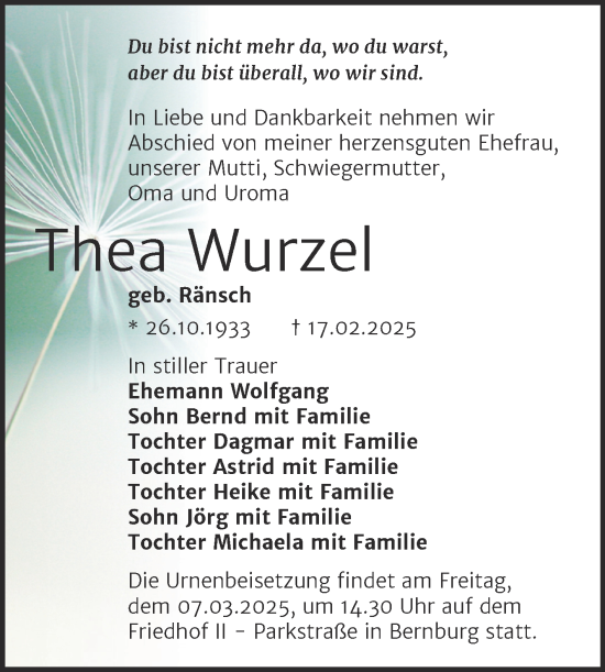 Traueranzeige von Thea Wurzel von Trauerkombi Bernburg