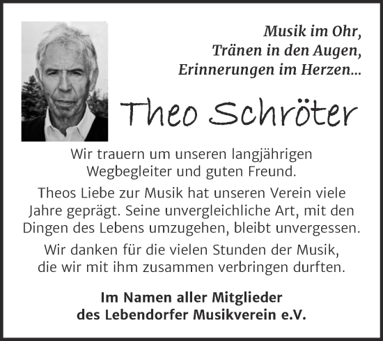 Traueranzeige von Theo Schröter von Super Sonntag Bernburg