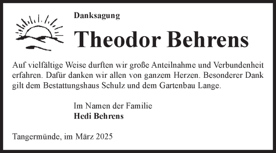 Traueranzeige von Theodor Behrens von Volksstimme Altmark Ost