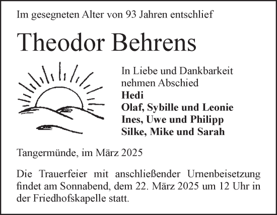 Traueranzeige von Theodor Behrens von Volksstimme Altmark Ost