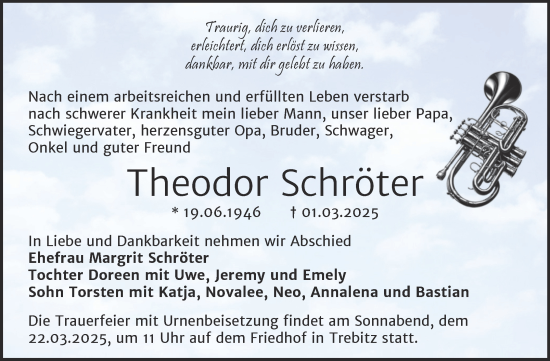 Traueranzeige von Theodor Schröter von Trauerkombi Bernburg