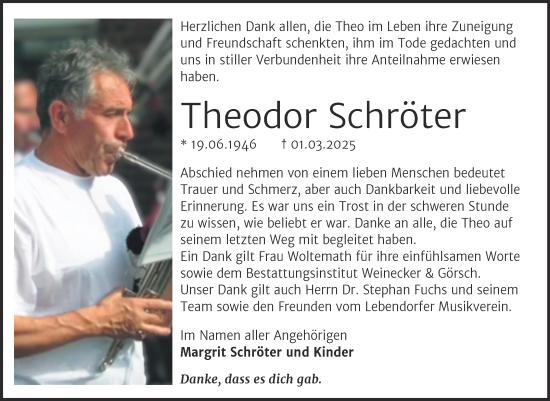 Traueranzeige von Theodor Schröter von Trauerkombi Bernburg