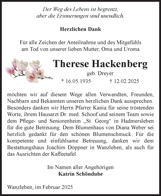 Traueranzeige von Therese Hackenberg von Volksstimme Oschersleben/Wanzleben