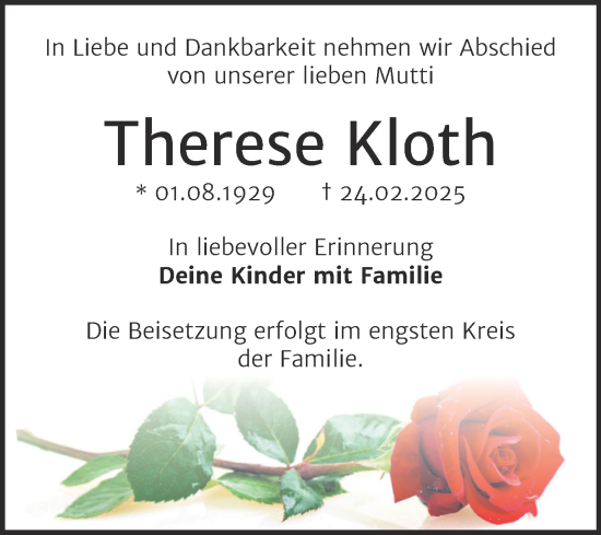 Traueranzeige von Therese Kloth von Trauerkombi Mansfelder Land