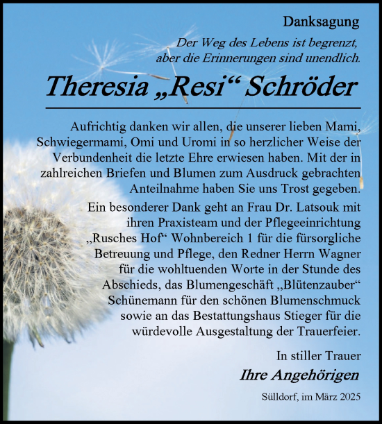Traueranzeige von Theresia Schröder von Volksstimme Oschersleben/Wanzleben