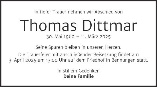 Traueranzeige von Thomas Dittmar von Super Sonntag Mansfelder Land