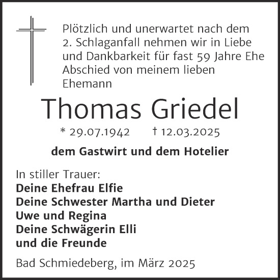 Traueranzeige von Thomas Griedel von Trauerkombi Wittenberg