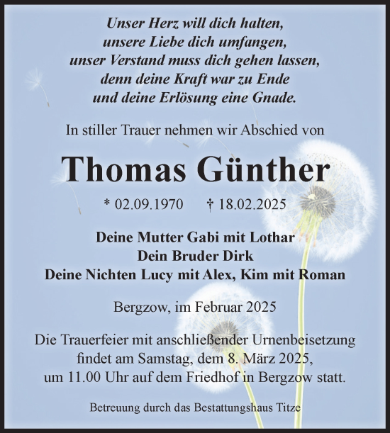 Traueranzeige von Thomas Günther von Volksstimme Burg/Genthin