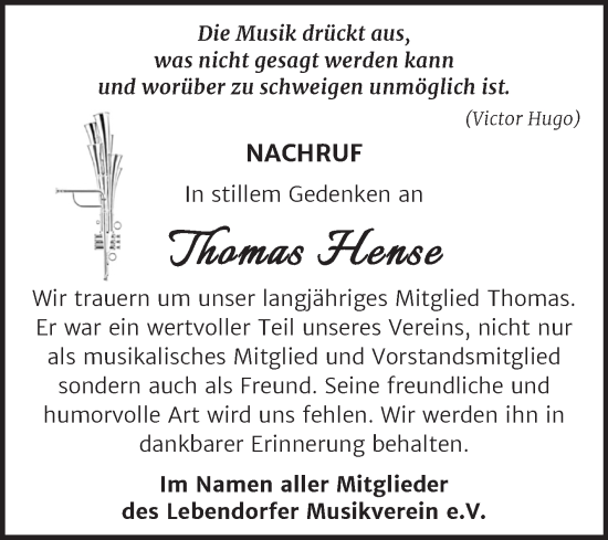 Traueranzeige von Thomas Hense von Super Sonntag Bernburg