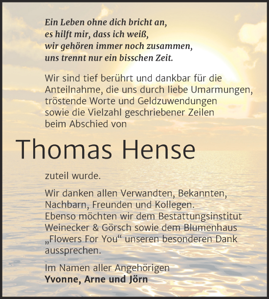 Traueranzeige von Thomas Hense von Trauerkombi Bernburg