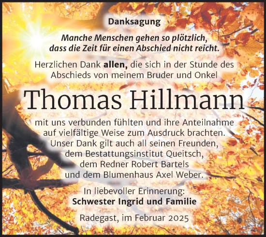 Traueranzeige von Thomas Hillmann von Trauerkombi Köthen