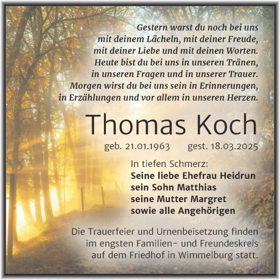Traueranzeige von Thomas Koch von Trauerkombi Mansfelder Land