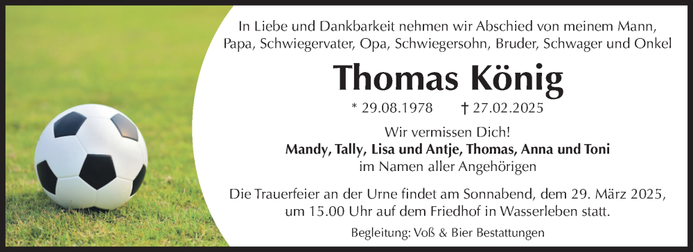 Traueranzeige für Thomas König vom 08.03.2025 aus Volksstimme Wernigerode
