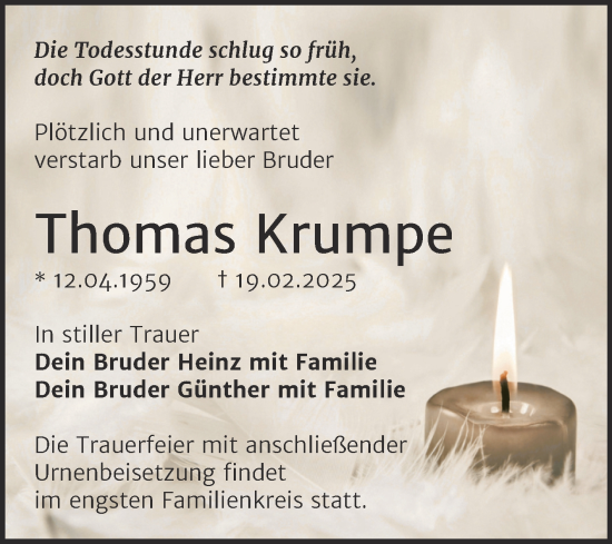 Traueranzeige von Thomas Krumpe von Trauerkombi Wittenberg