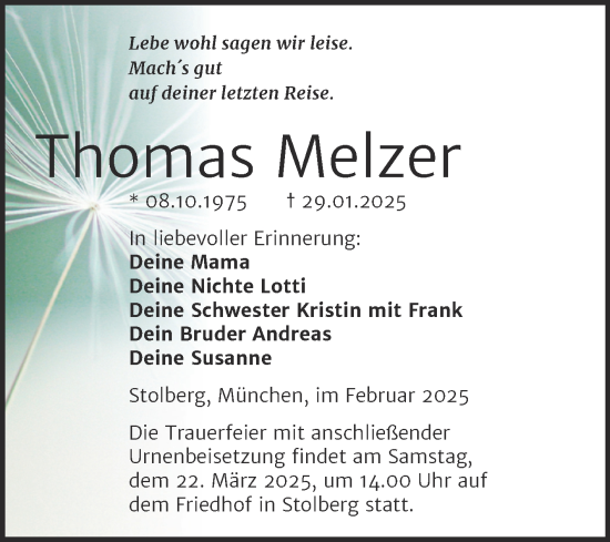 Traueranzeige von Thomas Melzer von Trauerkombi Sangerhausen