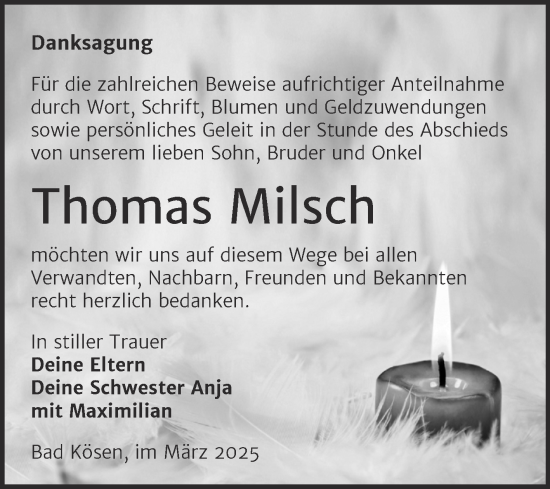 Traueranzeige von Thomas Milsch von Naumburger Tageblatt