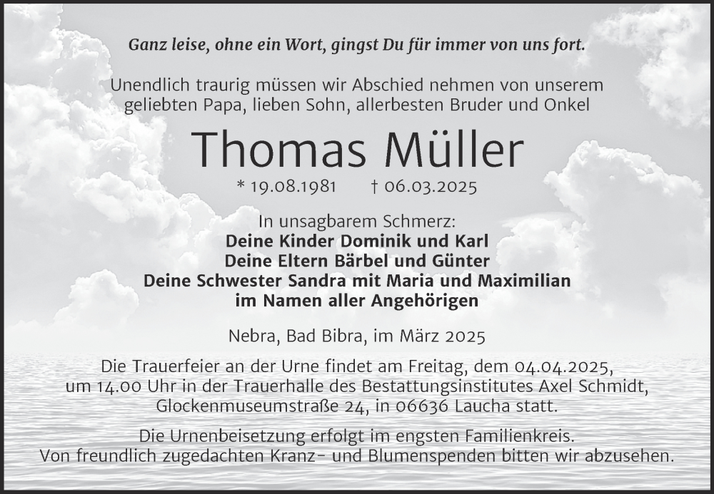  Traueranzeige für Thomas Müller vom 15.03.2025 aus Super Sonntag Naumburg/Nebra