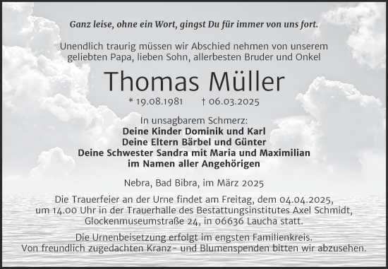 Traueranzeige von Thomas Müller von Super Sonntag Naumburg/Nebra