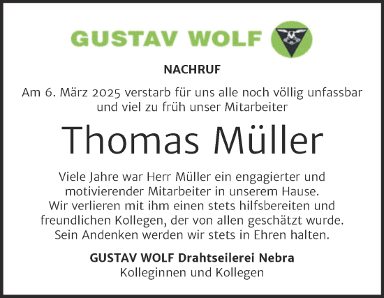 Traueranzeige von Thomas Müller von Super Sonntag Naumburg/Nebra